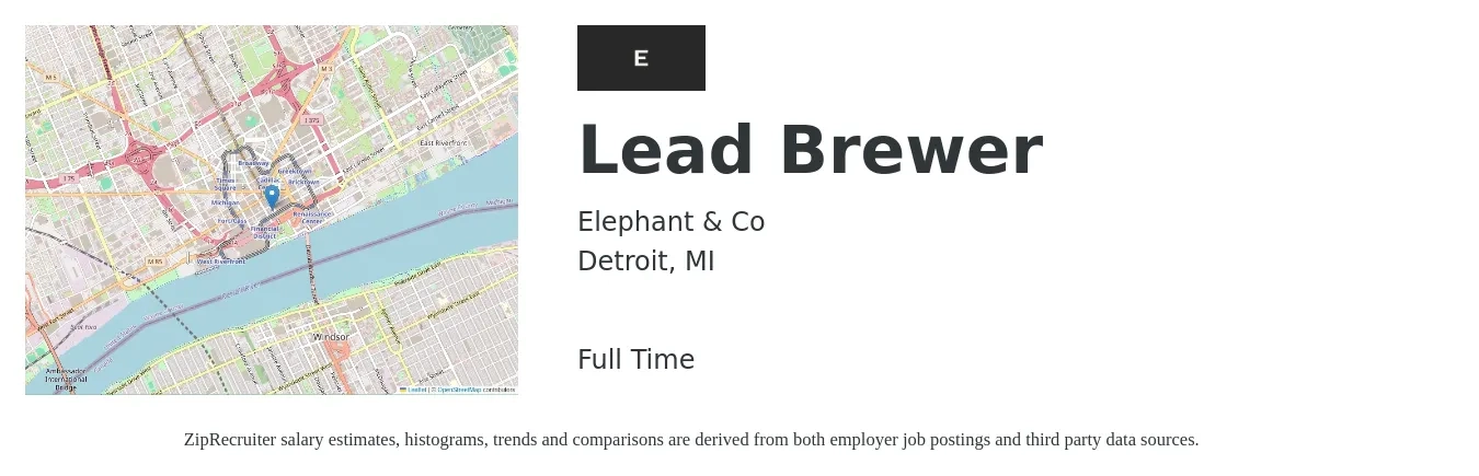 Elephant & Co job posting for a Lead Brewer in Detroit, MI with a salary of $14 to $17 Hourly with a map of Detroit location.