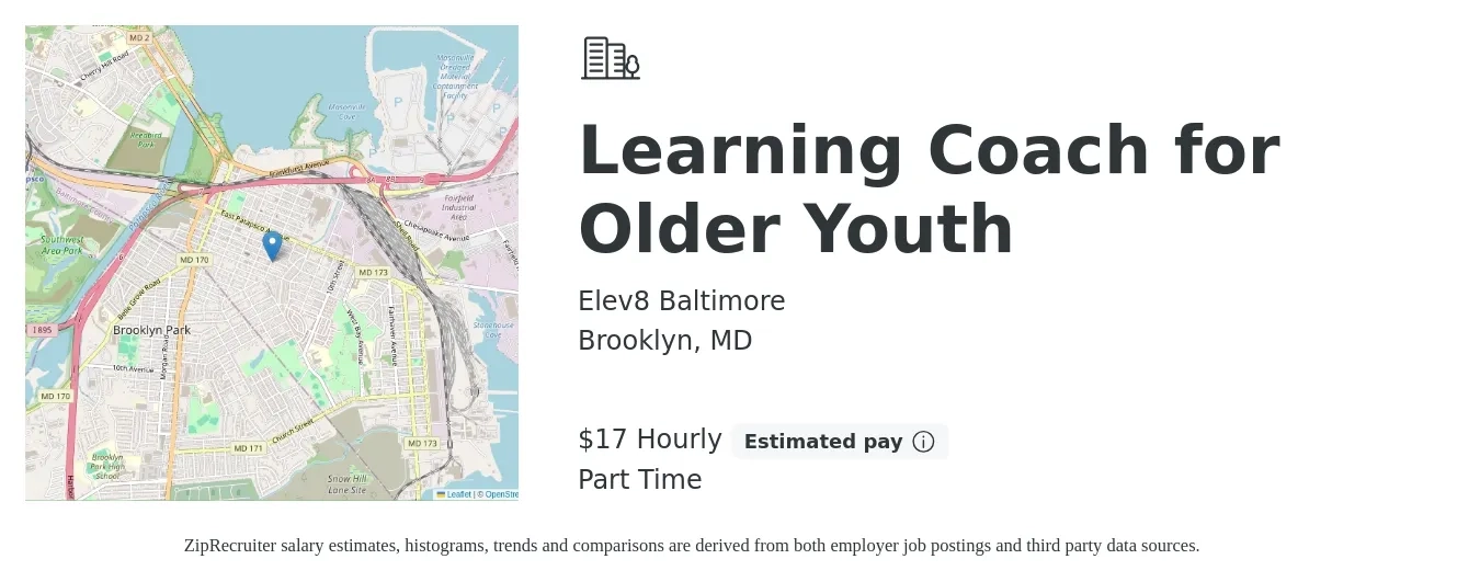 Elev8 Baltimore job posting for a Learning Coach for Older Youth in Brooklyn, MD with a salary of $18 Hourly with a map of Brooklyn location.