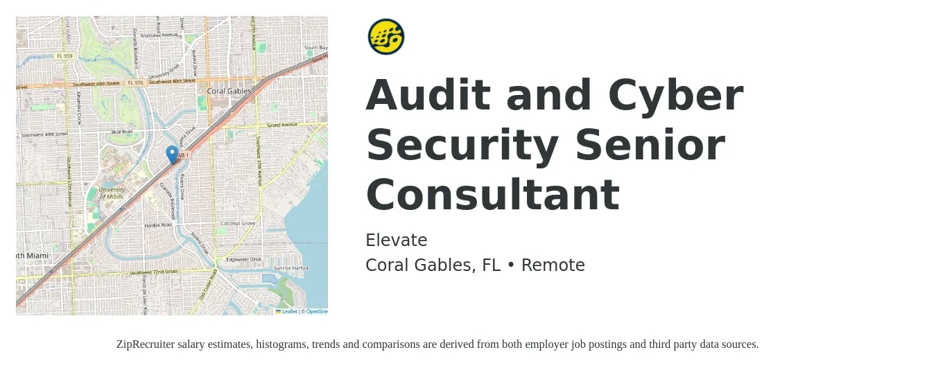 Elevate job posting for a Audit and Cyber Security Senior Consultant in Coral Gables, FL with a salary of $47 to $76 Hourly with a map of Coral Gables location.