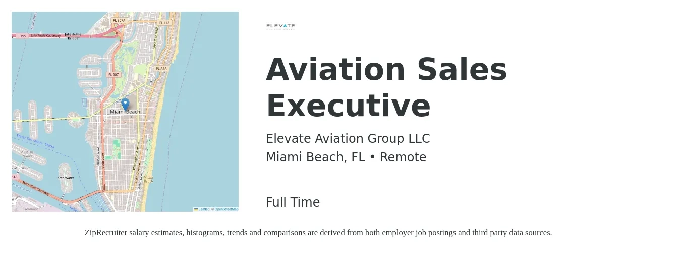 Elevate Aviation Group LLC job posting for a Aviation Sales Executive in Miami Beach, FL with a salary of $56,300 to $96,800 Yearly with a map of Miami Beach location.