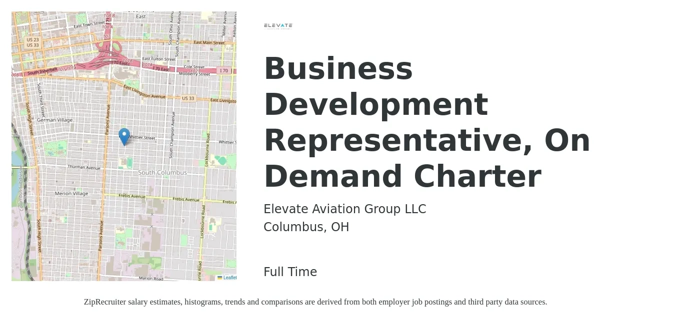 Elevate Aviation Group LLC job posting for a Business Development Representative, On Demand Charter in Columbus, OH with a salary of $43,200 to $67,200 Yearly with a map of Columbus location.