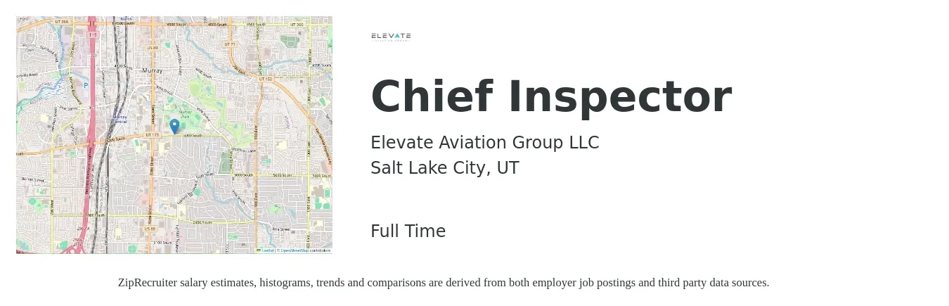 Elevate Aviation Group LLC job posting for a Chief Inspector in Salt Lake City, UT with a salary of $61,400 to $89,200 Yearly with a map of Salt Lake City location.