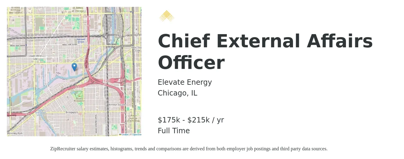 Elevate Energy job posting for a Chief External Affairs Officer in Chicago, IL with a salary of $175,000 to $215,000 Yearly with a map of Chicago location.