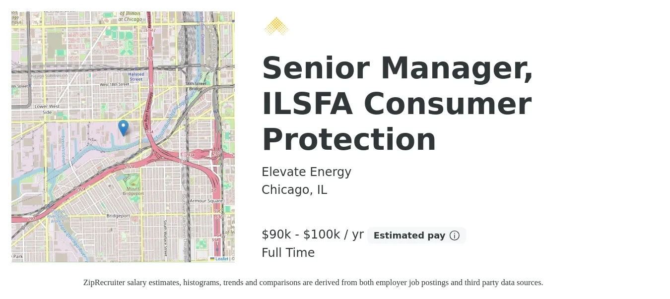 Elevate Energy job posting for a Senior Manager, ILSFA Consumer Protection in Chicago, IL with a salary of $90,000 to $100,000 Yearly with a map of Chicago location.