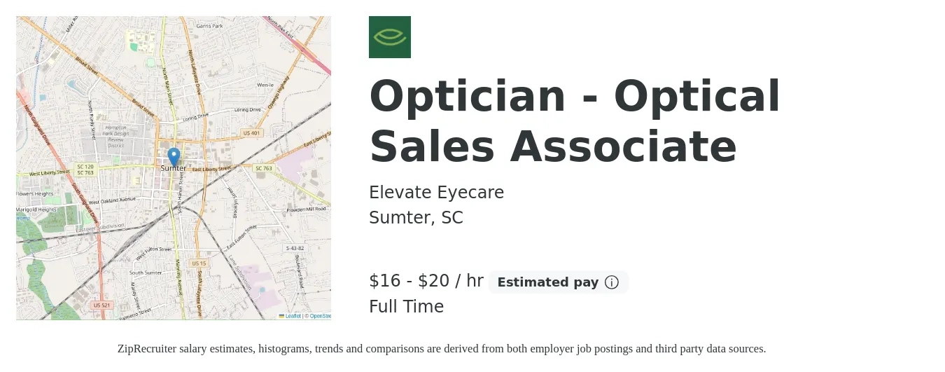 Elevate Eyecare job posting for a Optician - Optical Sales Associate in Sumter, SC with a salary of $17 to $21 Hourly with a map of Sumter location.