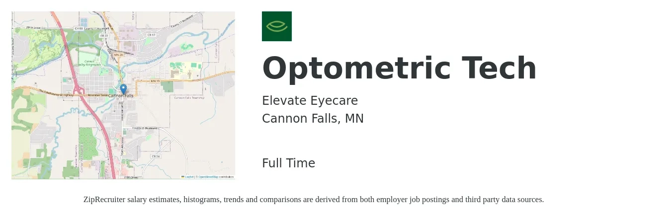 Elevate Eyecare job posting for a Optometric Tech in Cannon Falls, MN with a salary of $16 to $20 Hourly with a map of Cannon Falls location.