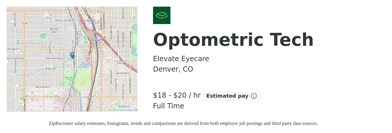 Elevate Eyecare job posting for a Optometric Tech in Denver, CO with a salary of $19 to $21 Hourly with a map of Denver location.