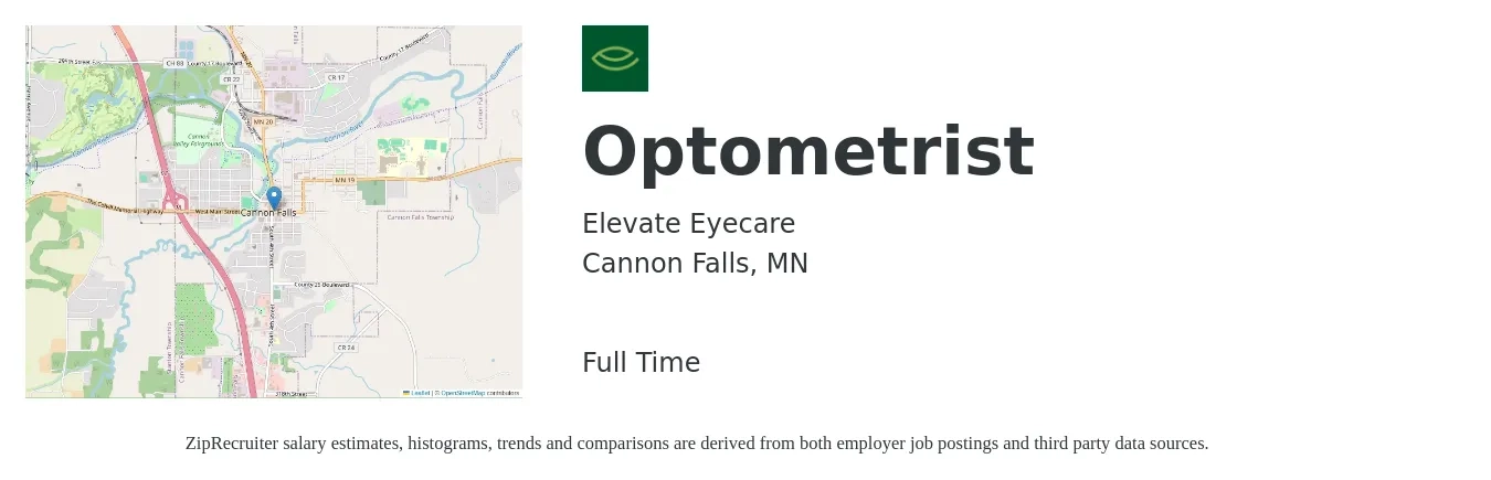 Elevate Eyecare job posting for a Optometrist in Cannon Falls, MN with a salary of $96,900 to $144,400 Yearly with a map of Cannon Falls location.