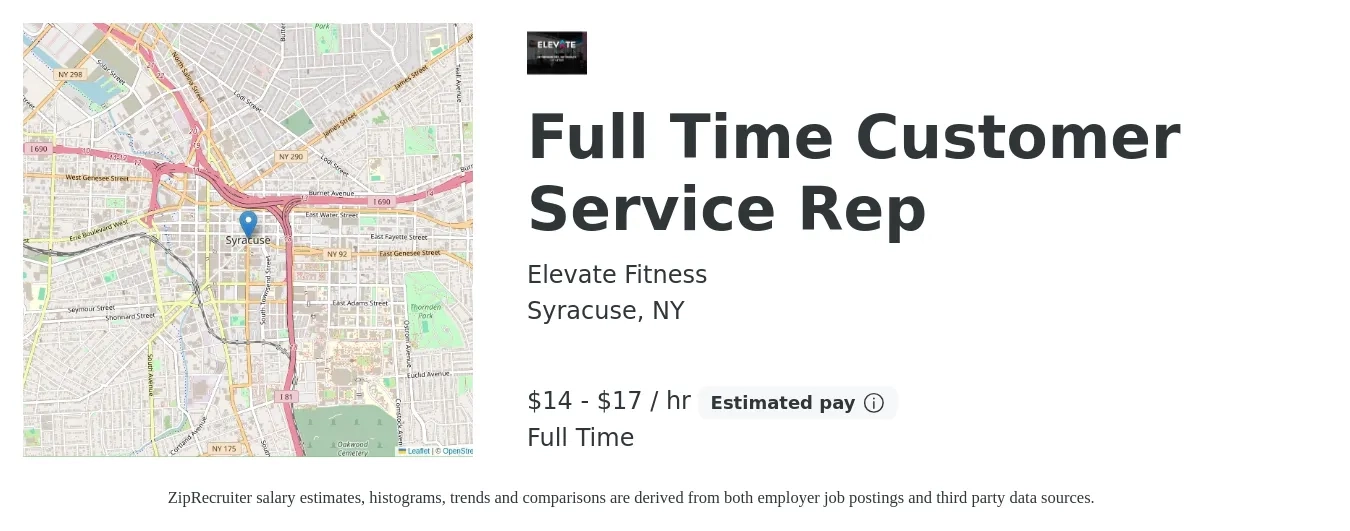 Elevate Fitness job posting for a Full Time Customer Service Rep in Syracuse, NY with a salary of $15 to $18 Hourly with a map of Syracuse location.