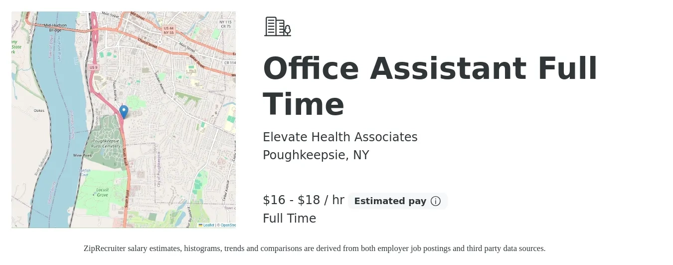 Elevate Health Associates job posting for a Office Assistant Full Time in Poughkeepsie, NY with a salary of $17 to $19 Hourly with a map of Poughkeepsie location.