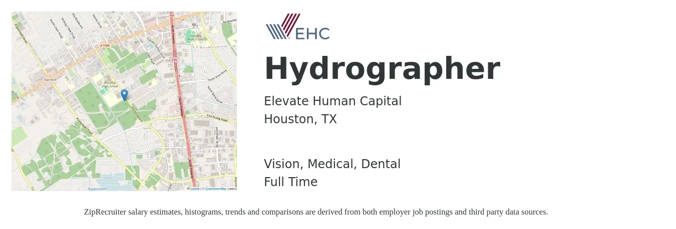 Elevate Human Capital job posting for a Hydrographer in Houston, TX with a salary of $72,100 to $88,300 Yearly and benefits including dental, life_insurance, medical, pto, retirement, and vision with a map of Houston location.