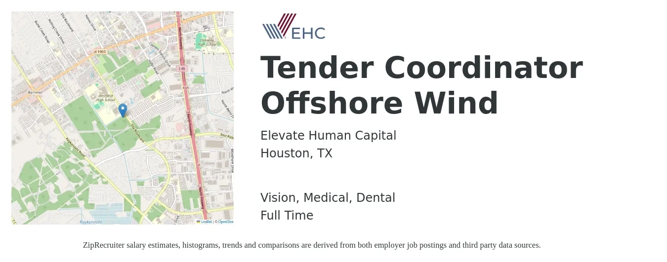 Elevate Human Capital job posting for a Tender Coordinator Offshore Wind in Houston, TX with a salary of $21 to $34 Hourly and benefits including pto, retirement, vision, dental, life_insurance, and medical with a map of Houston location.