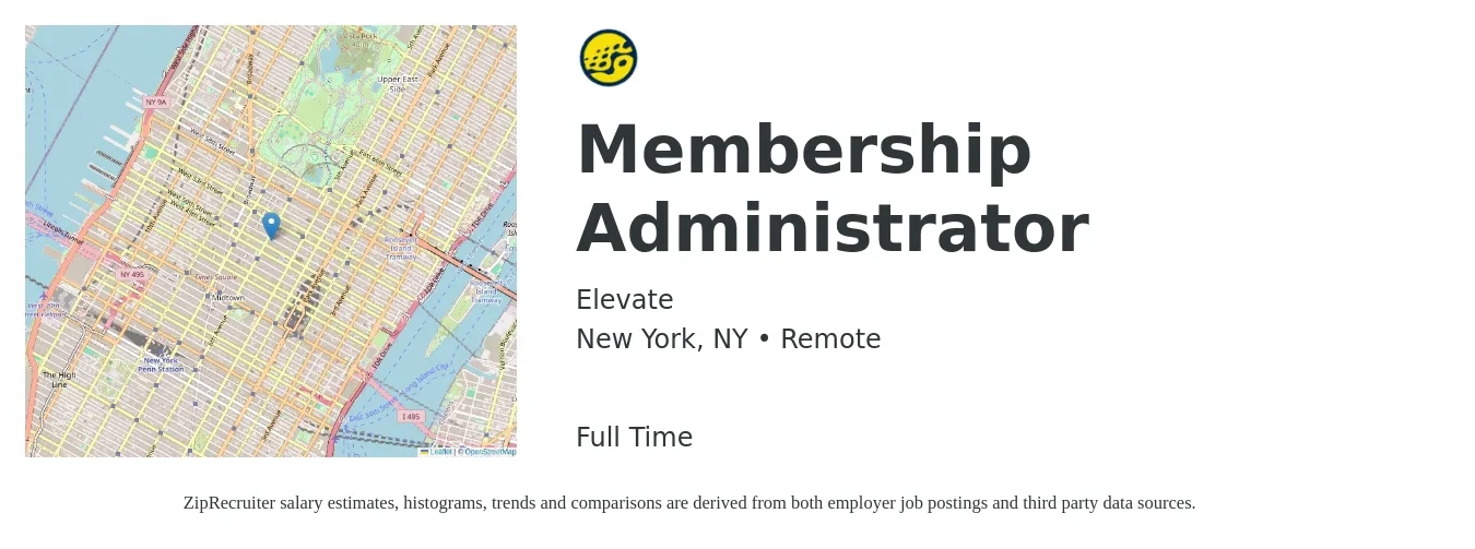 Elevate job posting for a Membership Administrator in New York, NY with a salary of $18 to $24 Hourly with a map of New York location.