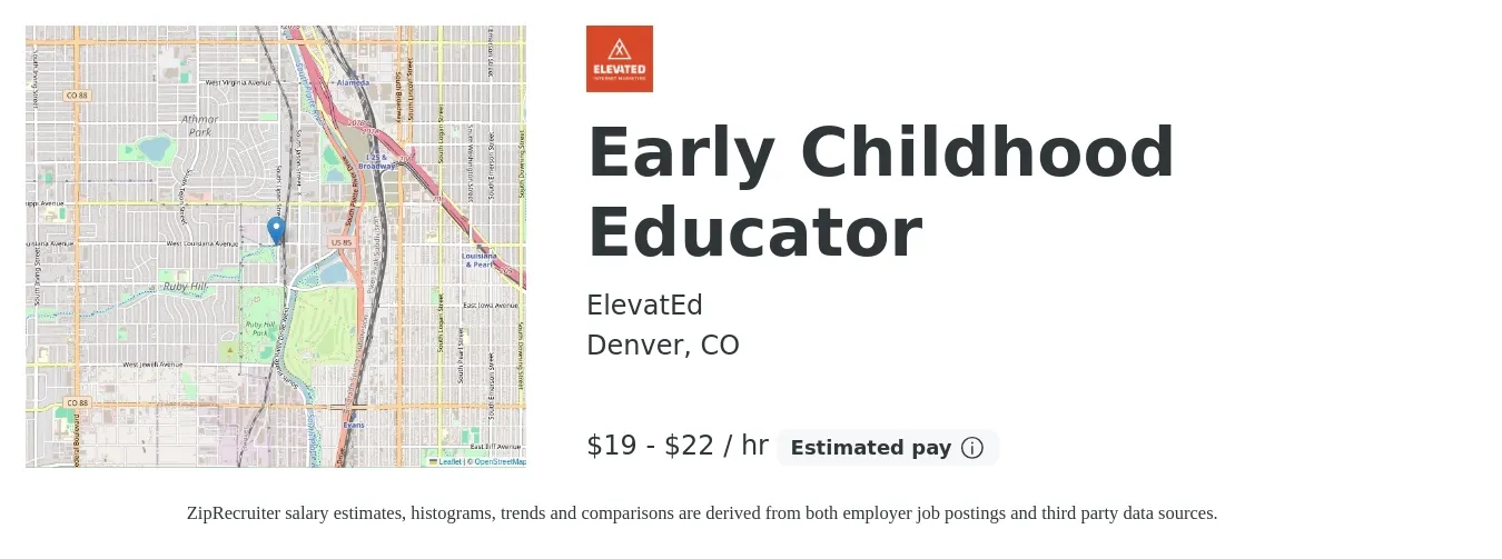 ElevatEd job posting for a Early Childhood Educator in Denver, CO with a salary of $20 to $23 Hourly with a map of Denver location.