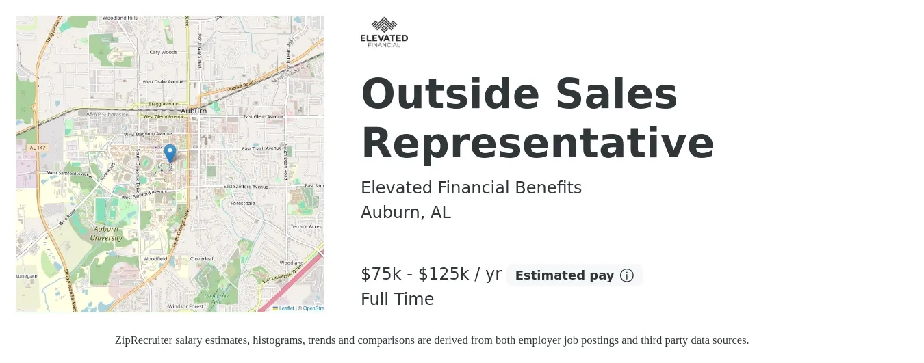 Elevated Financial Benefits job posting for a Outside Sales Representative in Auburn, AL with a salary of $75,000 to $125,000 Yearly with a map of Auburn location.