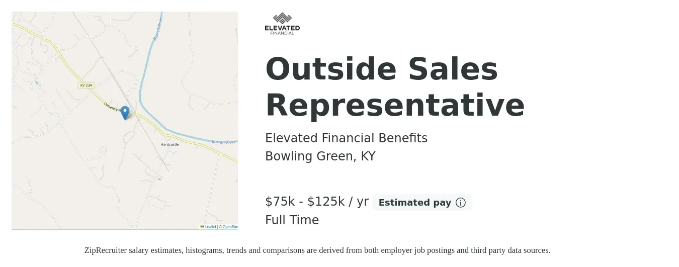 Elevated Financial Benefits job posting for a Outside Sales Representative in Bowling Green, KY with a salary of $75,000 to $125,000 Yearly with a map of Bowling Green location.