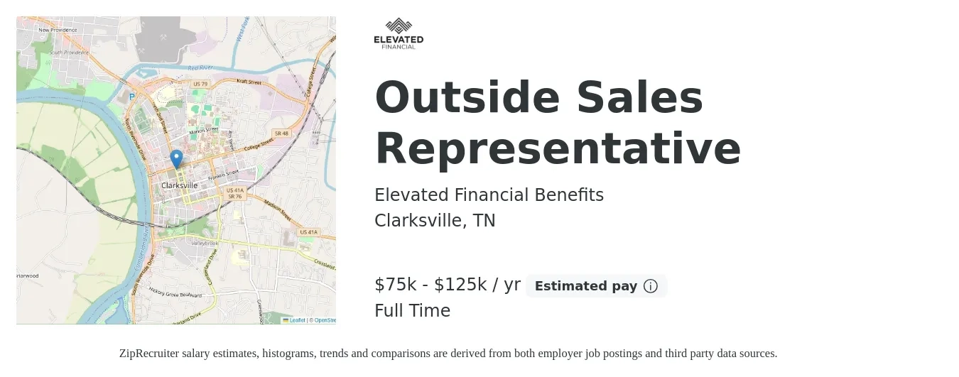 Elevated Financial Benefits job posting for a Outside Sales Representative in Clarksville, TN with a salary of $75,000 to $125,000 Yearly with a map of Clarksville location.