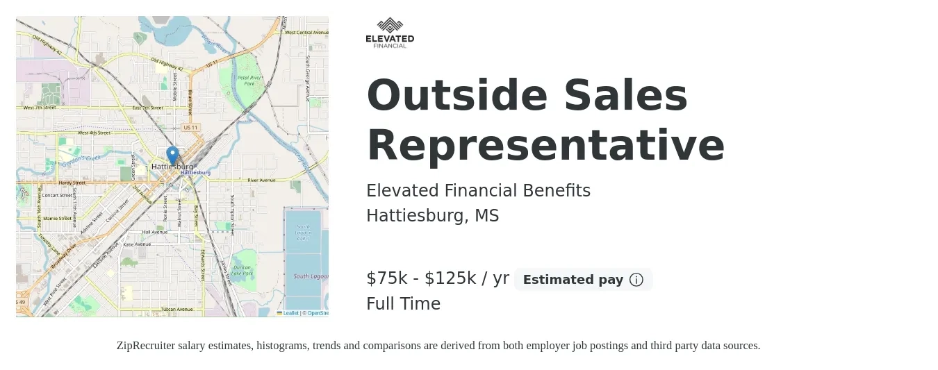 Elevated Financial Benefits job posting for a Outside Sales Representative in Hattiesburg, MS with a salary of $75,000 to $125,000 Yearly with a map of Hattiesburg location.