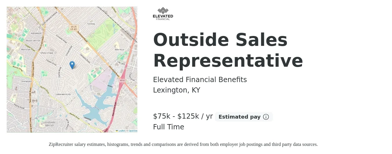 Elevated Financial Benefits job posting for a Outside Sales Representative in Lexington, KY with a salary of $75,000 to $125,000 Yearly with a map of Lexington location.
