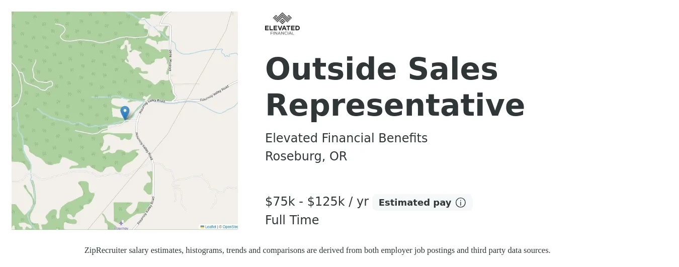 Elevated Financial Benefits job posting for a Outside Sales Representative in Roseburg, OR with a salary of $75,000 to $125,000 Yearly with a map of Roseburg location.