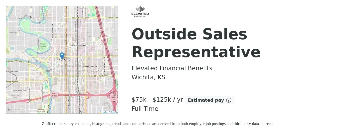Elevated Financial Benefits job posting for a Outside Sales Representative in Wichita, KS with a salary of $75,000 to $125,000 Yearly with a map of Wichita location.