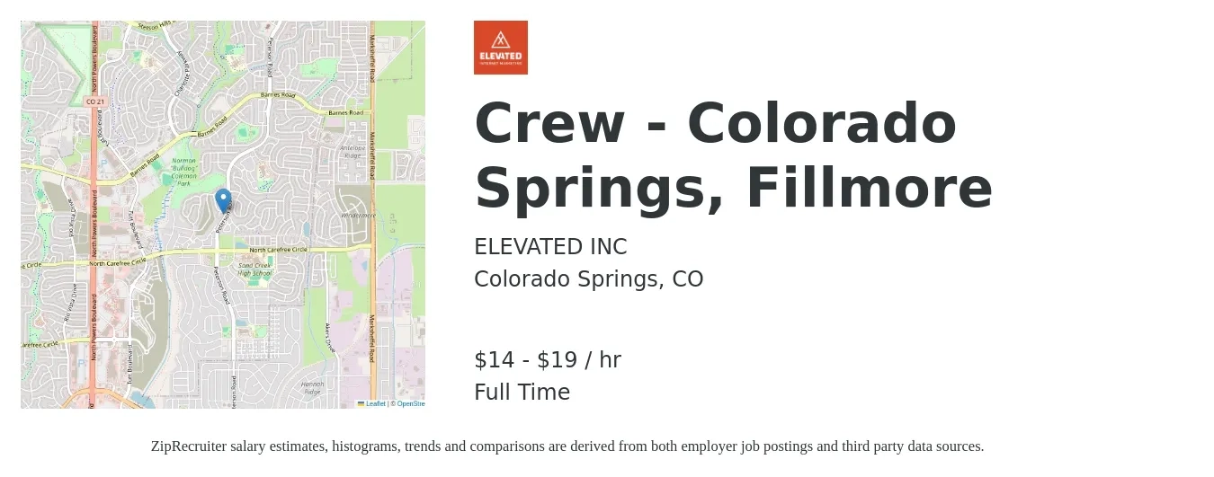 ELEVATED INC job posting for a Crew - Colorado Springs, Fillmore in Colorado Springs, CO with a salary of $15 to $20 Hourly with a map of Colorado Springs location.