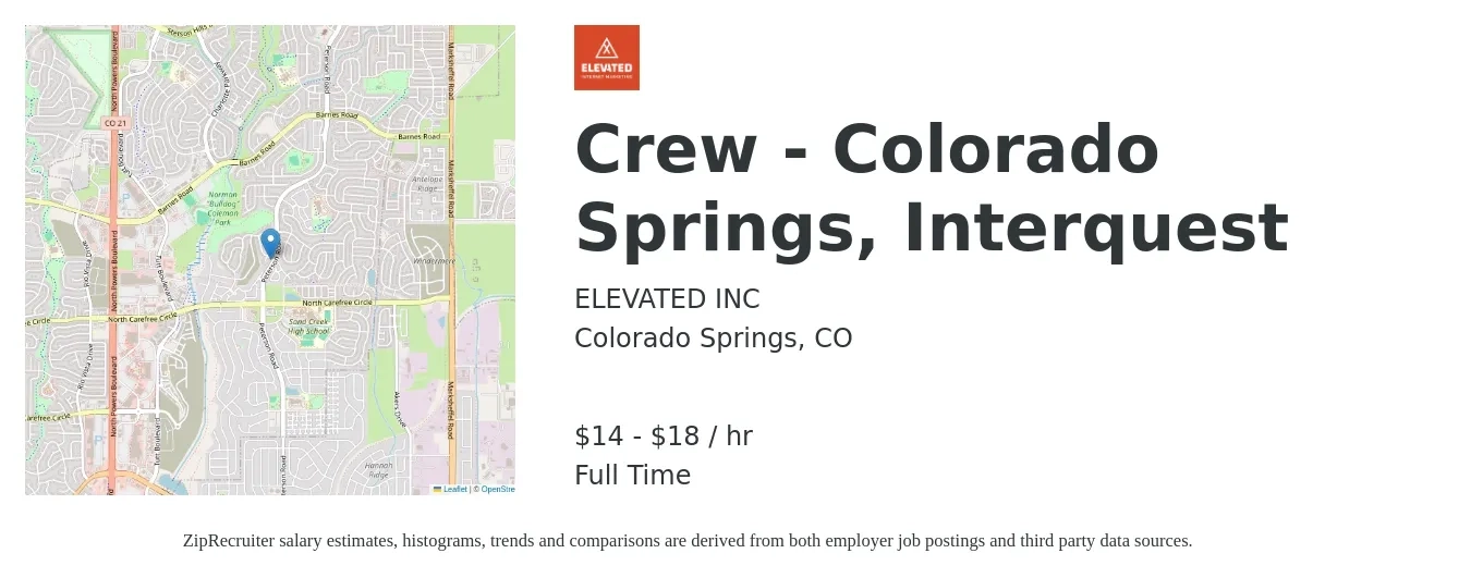 ELEVATED INC job posting for a Crew - Colorado Springs, Interquest in Colorado Springs, CO with a salary of $15 to $20 Hourly with a map of Colorado Springs location.