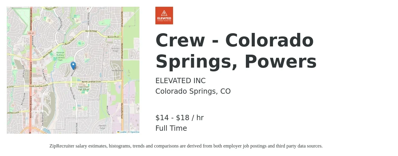 ELEVATED INC job posting for a Crew - Colorado Springs, Powers in Colorado Springs, CO with a salary of $15 to $20 Hourly with a map of Colorado Springs location.