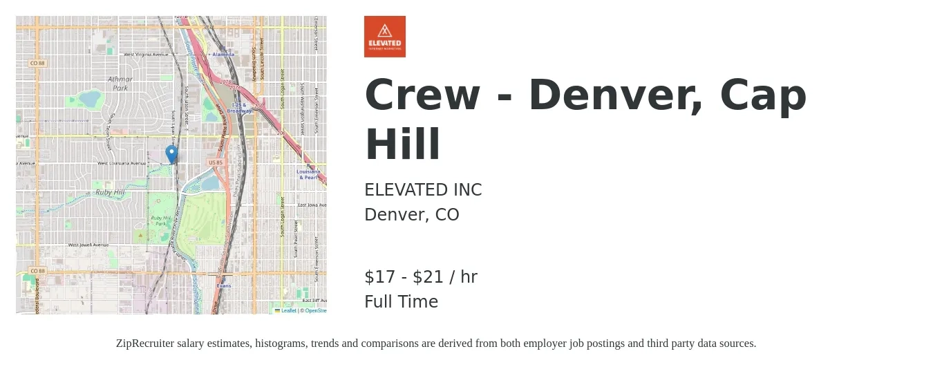 ELEVATED INC job posting for a Crew - Denver, Cap Hill in Denver, CO with a salary of $18 to $22 Hourly with a map of Denver location.