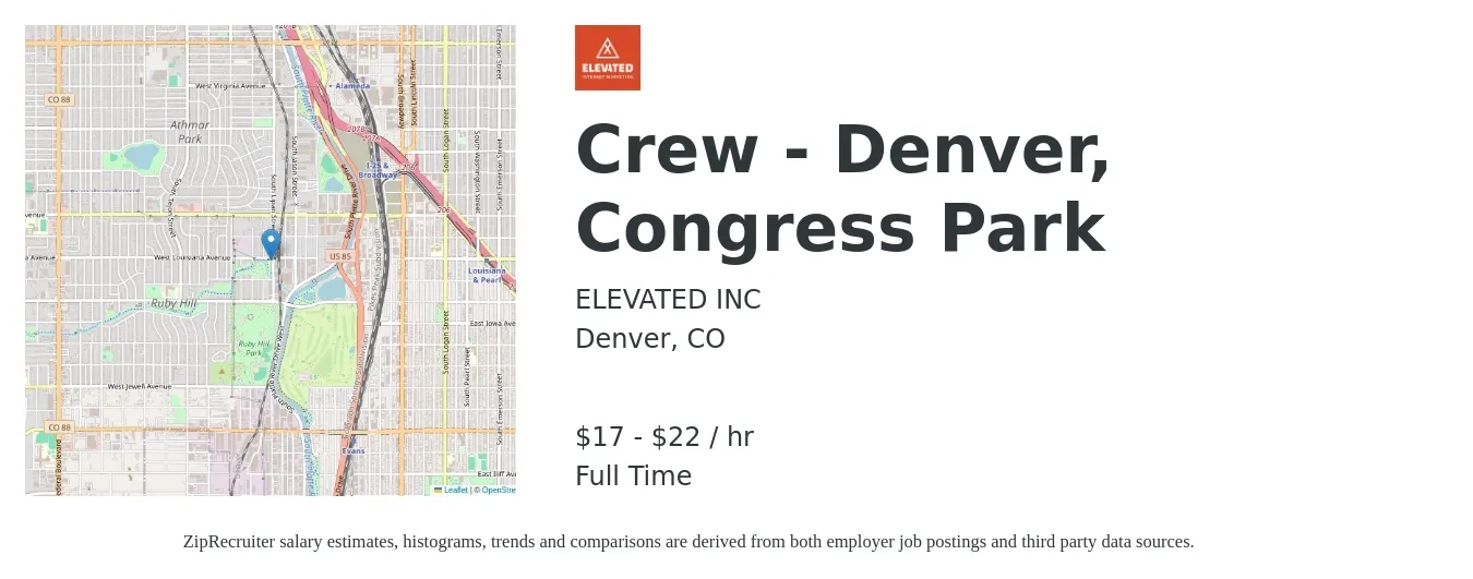 ELEVATED INC job posting for a Crew - Denver, Congress Park in Denver, CO with a salary of $18 to $23 Hourly with a map of Denver location.