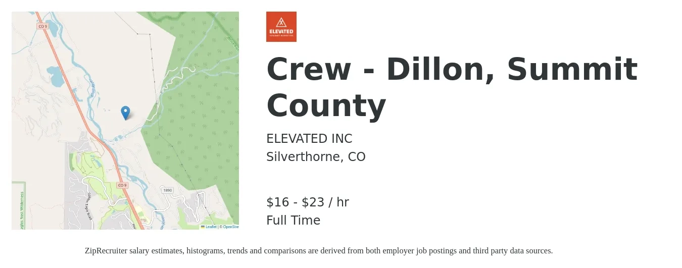 ELEVATED INC job posting for a Crew - Dillon, Summit County in Silverthorne, CO with a salary of $17 to $26 Hourly with a map of Silverthorne location.