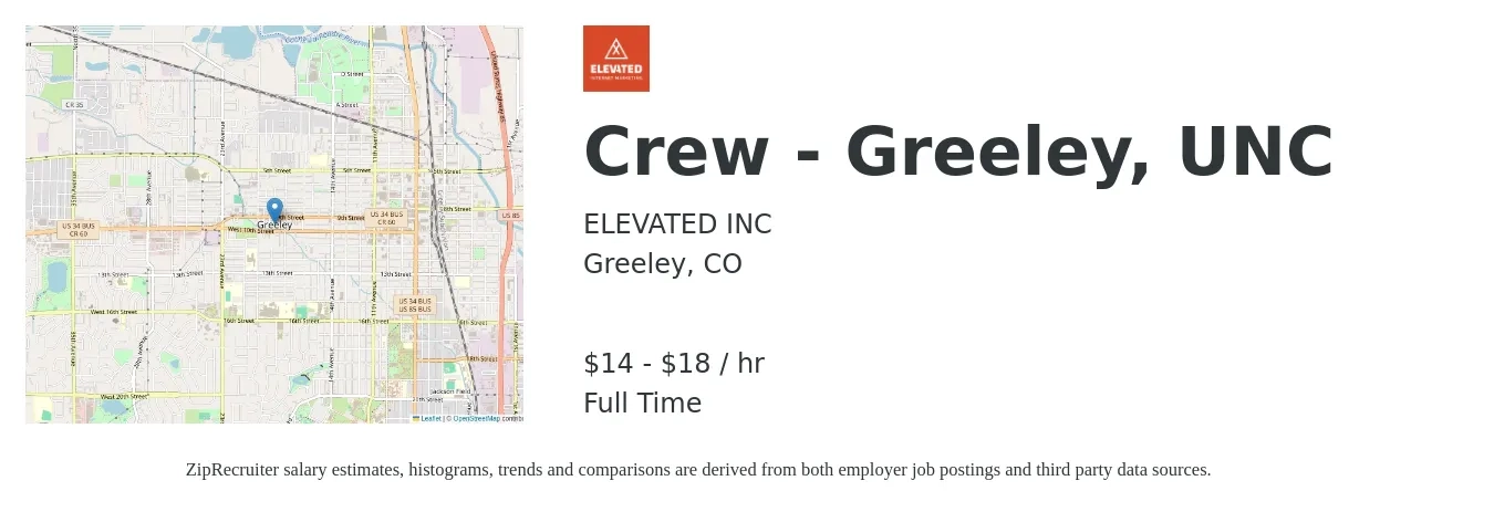 ELEVATED INC job posting for a Crew - Greeley, UNC in Greeley, CO with a salary of $15 to $20 Hourly with a map of Greeley location.