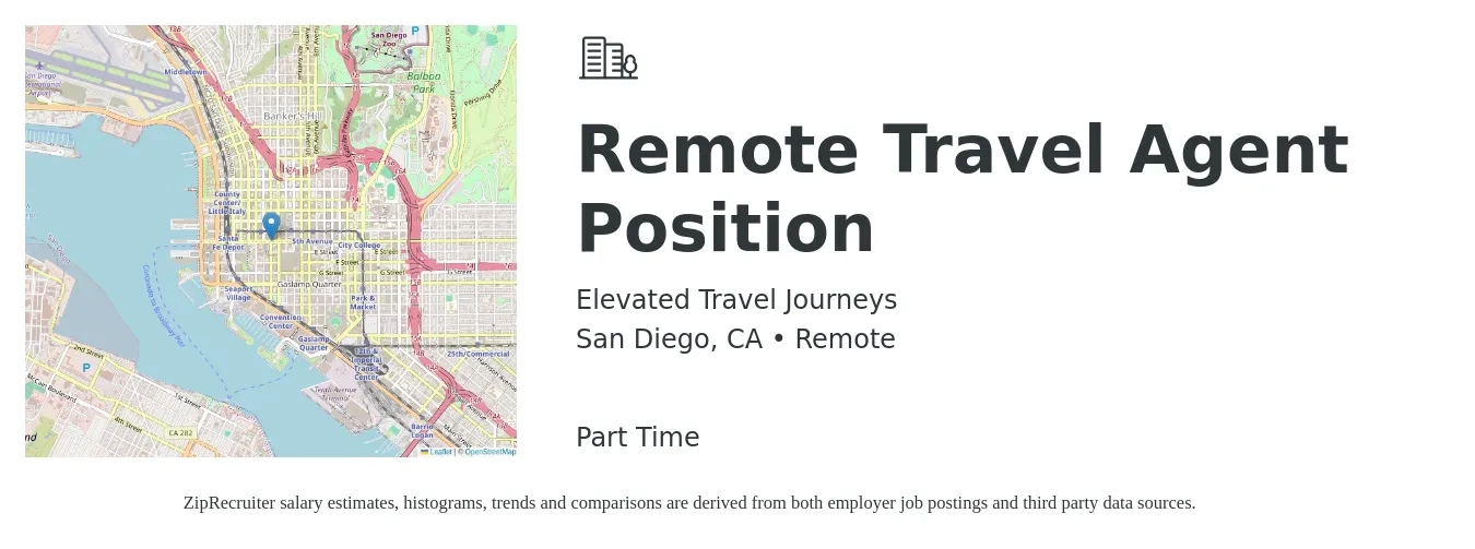 Elevated Travel Journeys job posting for a Remote Travel Agent Position in San Diego, CA with a salary of $1,000 to $1,500 Monthly with a map of San Diego location.