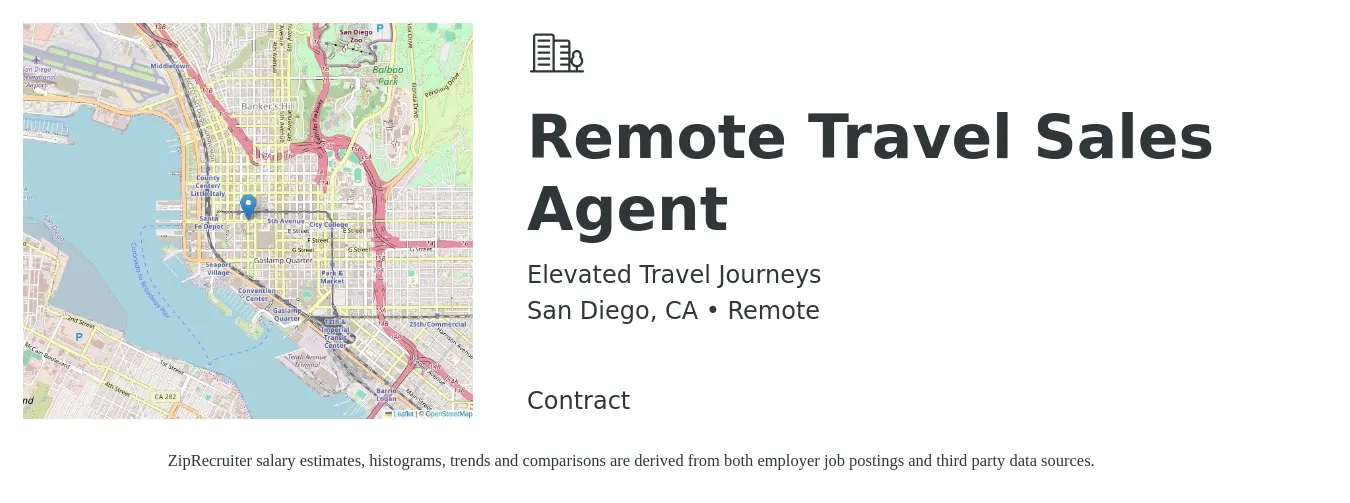 Elevated Travel Journeys job posting for a Remote Travel Sales Agent in San Diego, CA with a salary of $100 to $5,000 Monthly with a map of San Diego location.