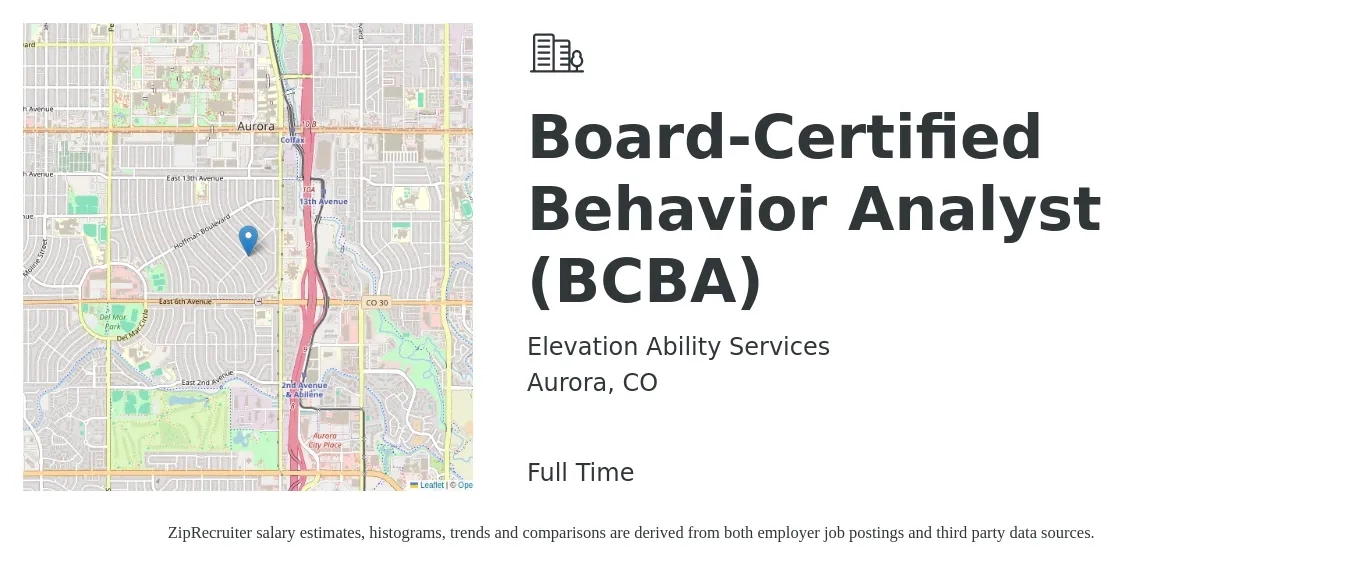 Elevation Ability Services job posting for a Board-Certified Behavior Analyst (BCBA) in Aurora, CO with a salary of $65,000 to $85,000 Yearly with a map of Aurora location.