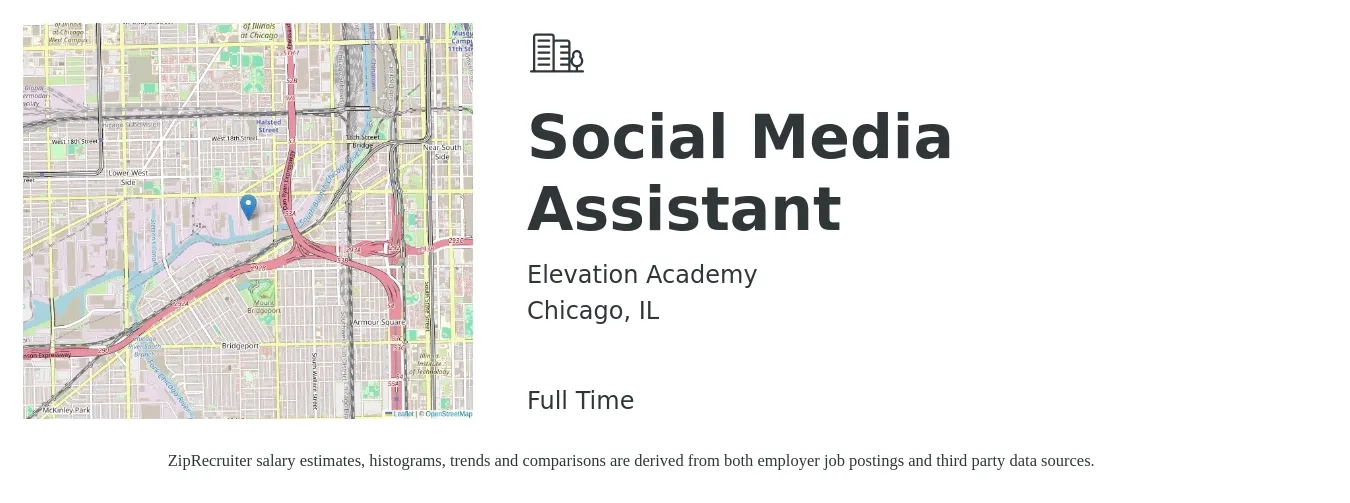 Elevation Academy job posting for a Social Media Assistant in Chicago, IL with a salary of $20 to $31 Hourly with a map of Chicago location.
