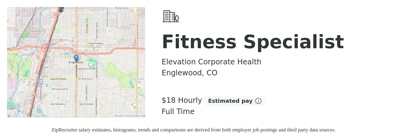 Elevation Corporate Health job posting for a Fitness Specialist in Englewood, CO with a salary of $19 Hourly with a map of Englewood location.