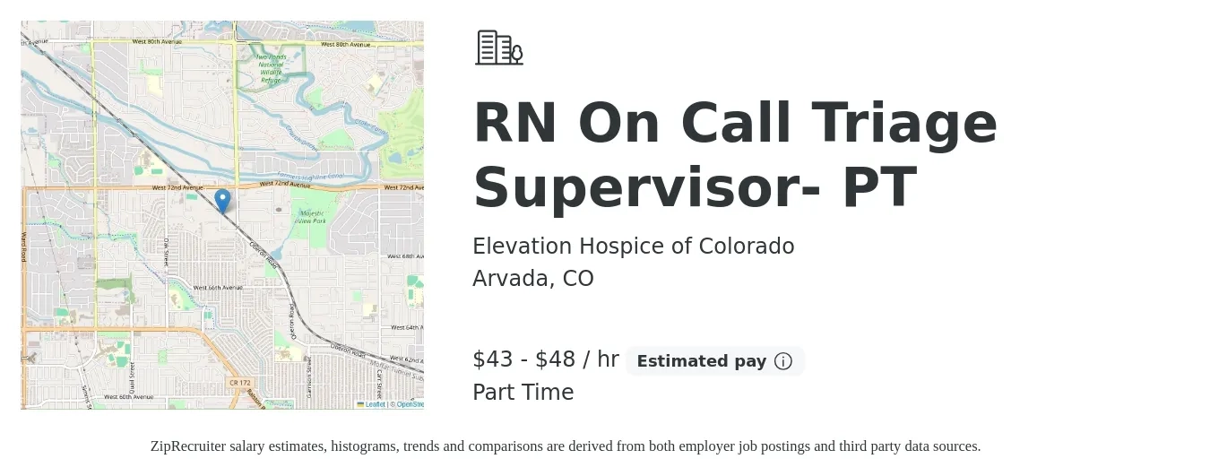 Elevation Hospice of Colorado job posting for a RN On Call Triage Supervisor- PT in Arvada, CO with a salary of $45 to $50 Hourly with a map of Arvada location.