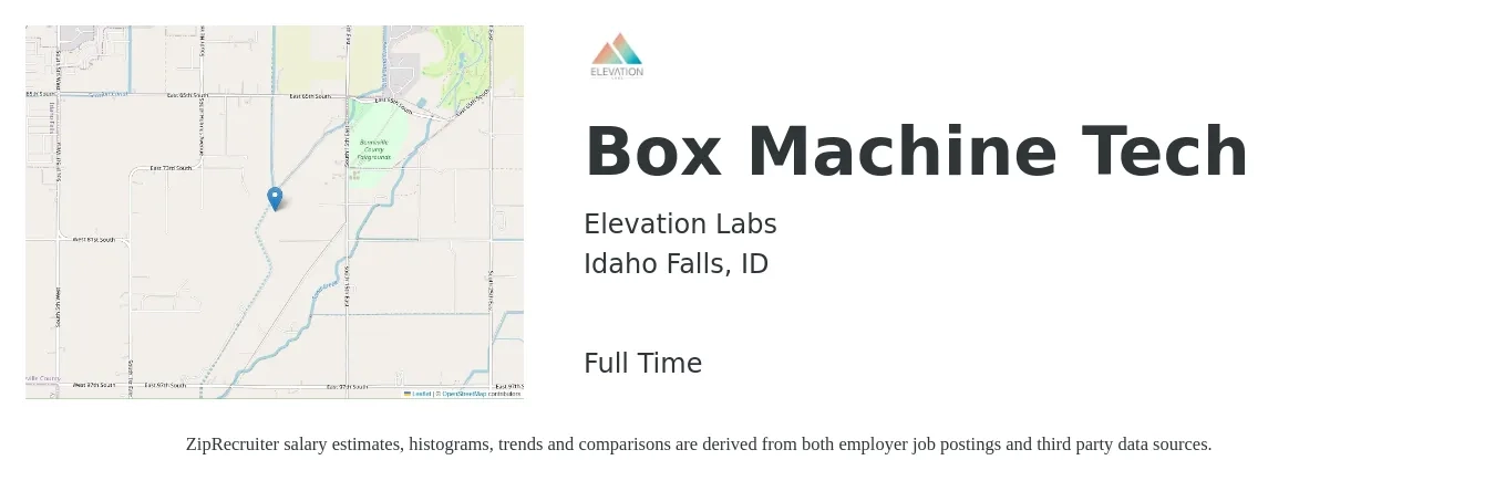 Elevation Labs job posting for a Box Machine Tech in Idaho Falls, ID with a salary of $15 to $19 Hourly with a map of Idaho Falls location.