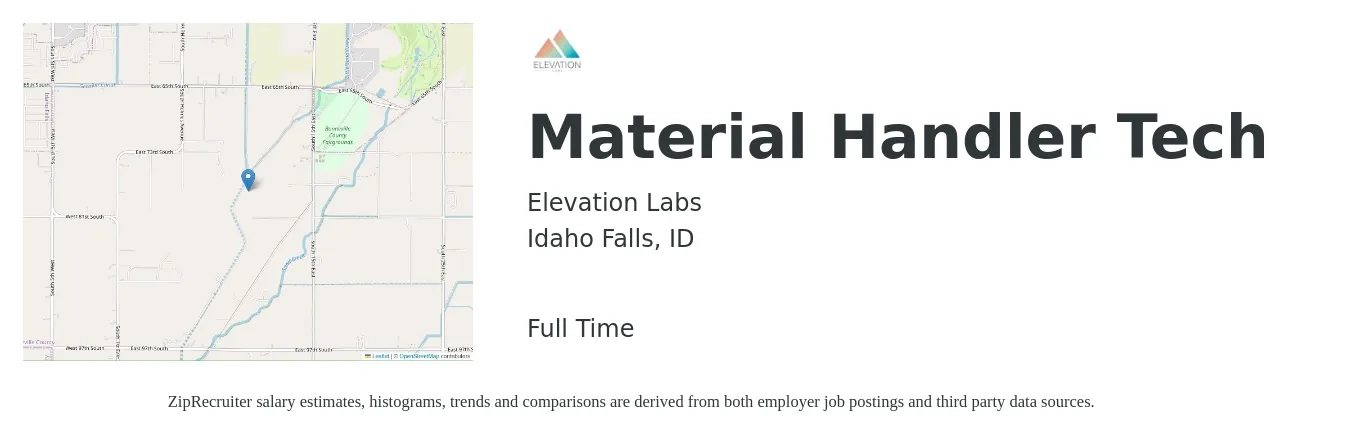 Elevation Labs job posting for a Material Handler Tech in Idaho Falls, ID with a salary of $16 to $20 Hourly with a map of Idaho Falls location.