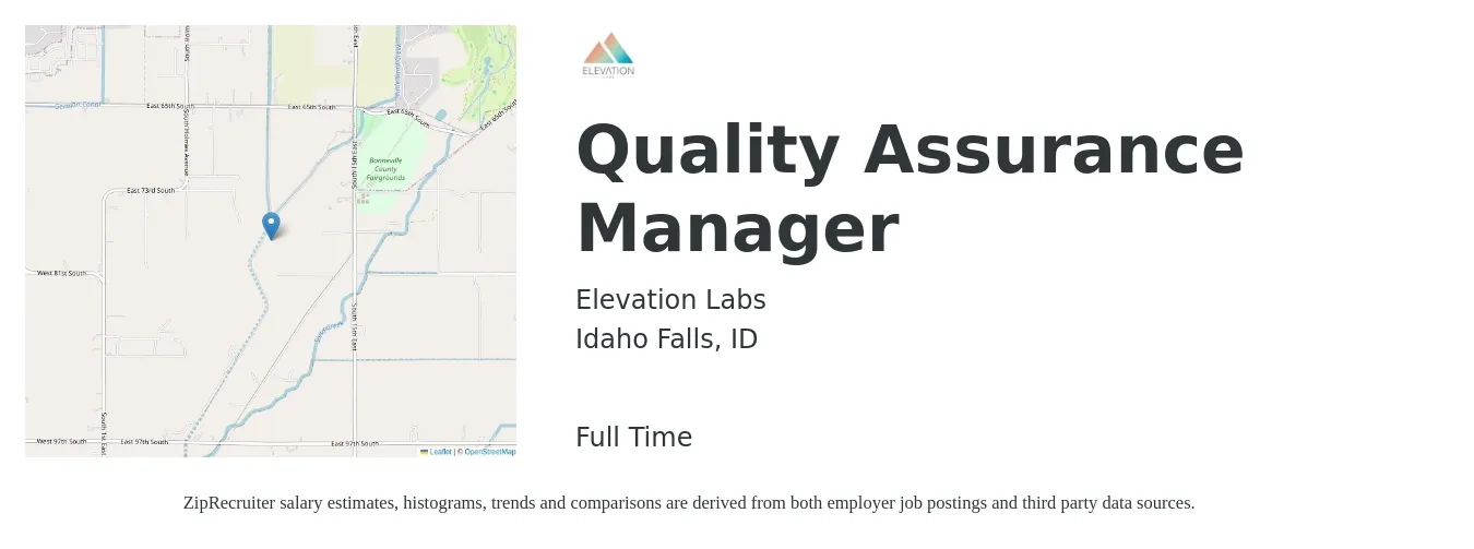 Elevation Labs job posting for a Quality Assurance Manager in Idaho Falls, ID with a salary of $79,700 to $138,800 Yearly with a map of Idaho Falls location.