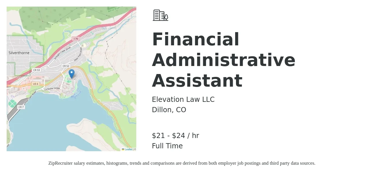 Elevation Law LLC job posting for a Financial Administrative Assistant in Dillon, CO with a salary of $22 to $25 Hourly with a map of Dillon location.