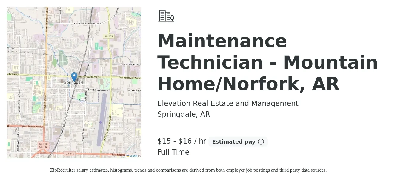 Elevation Real Estate and Management job posting for a Maintenance Technician - Mountain Home/Norfork, AR in Springdale, AR with a salary of $16 to $17 Hourly with a map of Springdale location.