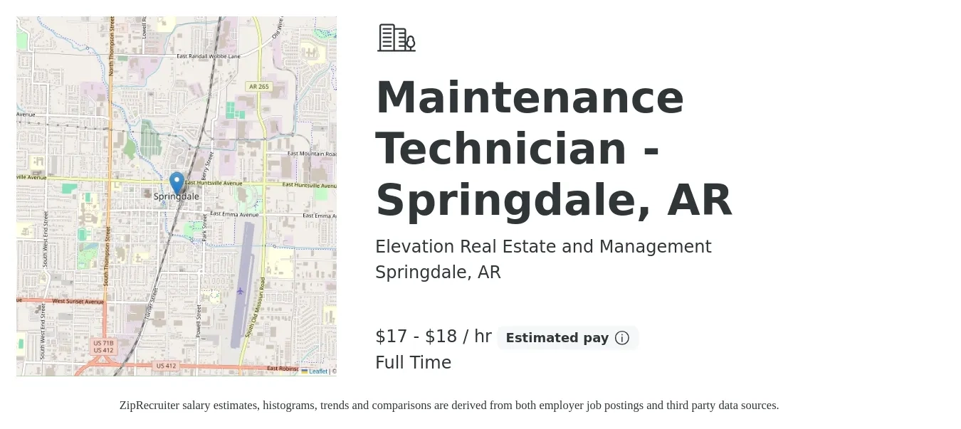 Elevation Real Estate and Management job posting for a Maintenance Technician - Springdale, AR in Springdale, AR with a salary of $17 to $18 Hourly with a map of Springdale location.