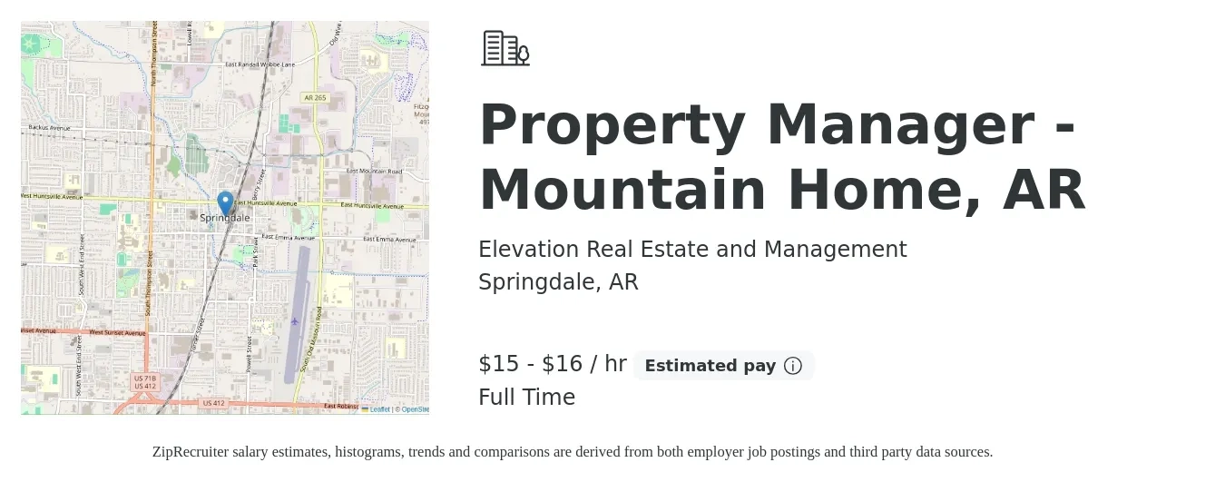 Elevation Real Estate and Management job posting for a Property Manager - Mountain Home, AR in Springdale, AR with a salary of $16 to $17 Hourly with a map of Springdale location.