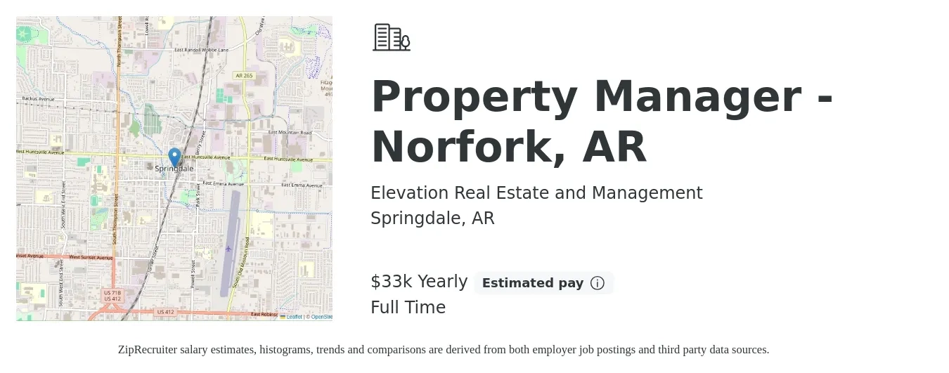 Elevation Real Estate and Management job posting for a Property Manager - Norfork, AR in Springdale, AR with a salary of $33,280 Yearly with a map of Springdale location.