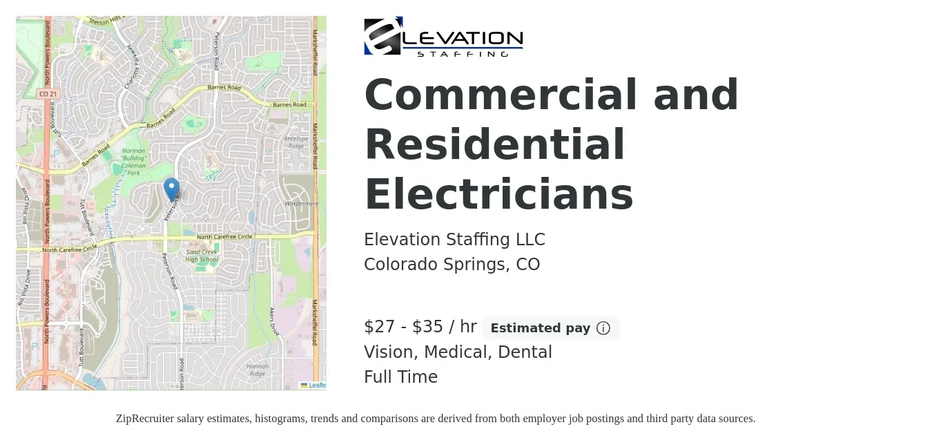Elevation Staffing LLC job posting for a Commercial and Residential Electricians in Colorado Springs, CO with a salary of $29 to $37 Hourly and benefits including vision, dental, life_insurance, medical, and retirement with a map of Colorado Springs location.