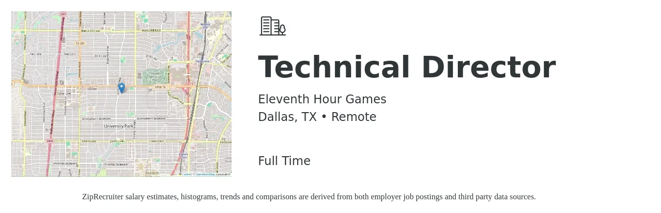 Eleventh Hour Games job posting for a Technical Director in Dallas, TX with a salary of $67,300 to $152,800 Yearly with a map of Dallas location.