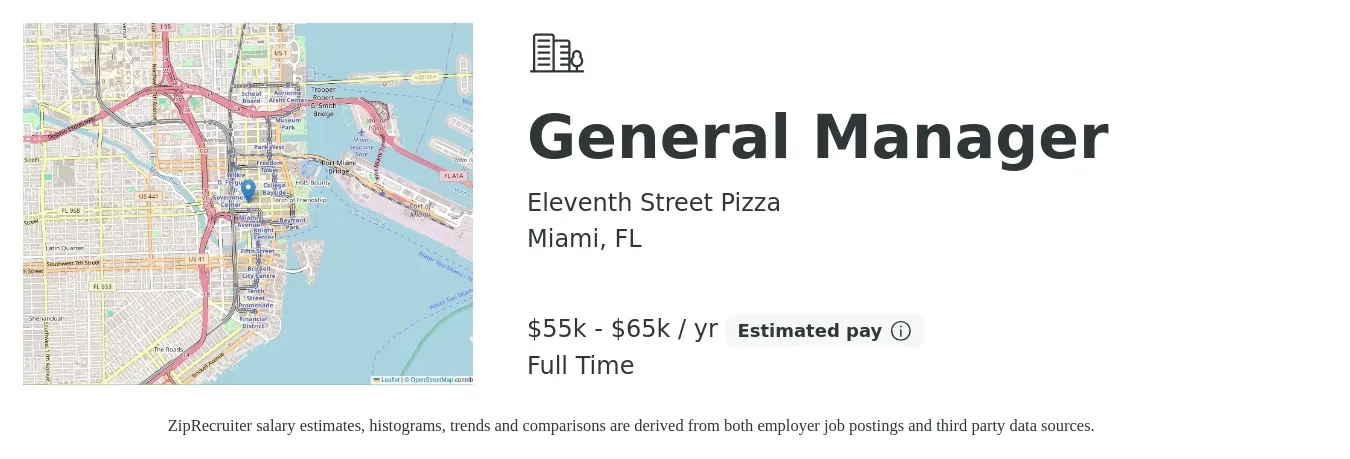 Eleventh Street Pizza job posting for a General Manager in Miami, FL with a salary of $55,000 to $65,000 Yearly with a map of Miami location.