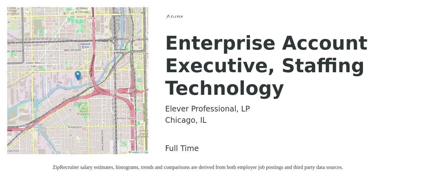 Elever Professional, LP job posting for a Enterprise Account Executive, Staffing Technology in Chicago, IL with a salary of $82,400 to $139,100 Yearly with a map of Chicago location.